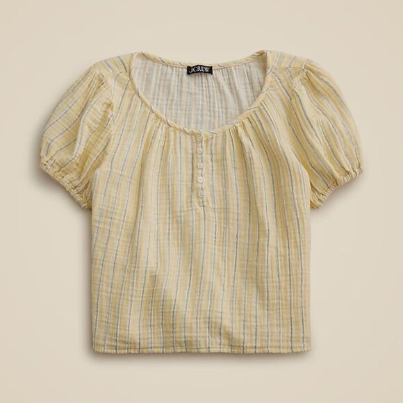 NWT J CREW Puff-sleeve henley in striped gauze in Pale Banana - Picture 5 of 7